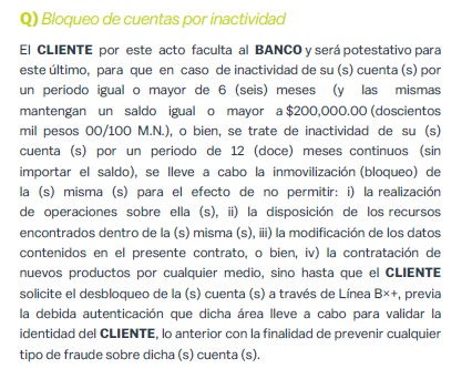 Bloqueo cuentas por inactividad contrato unico banco | Banco Ve por Más Bx+